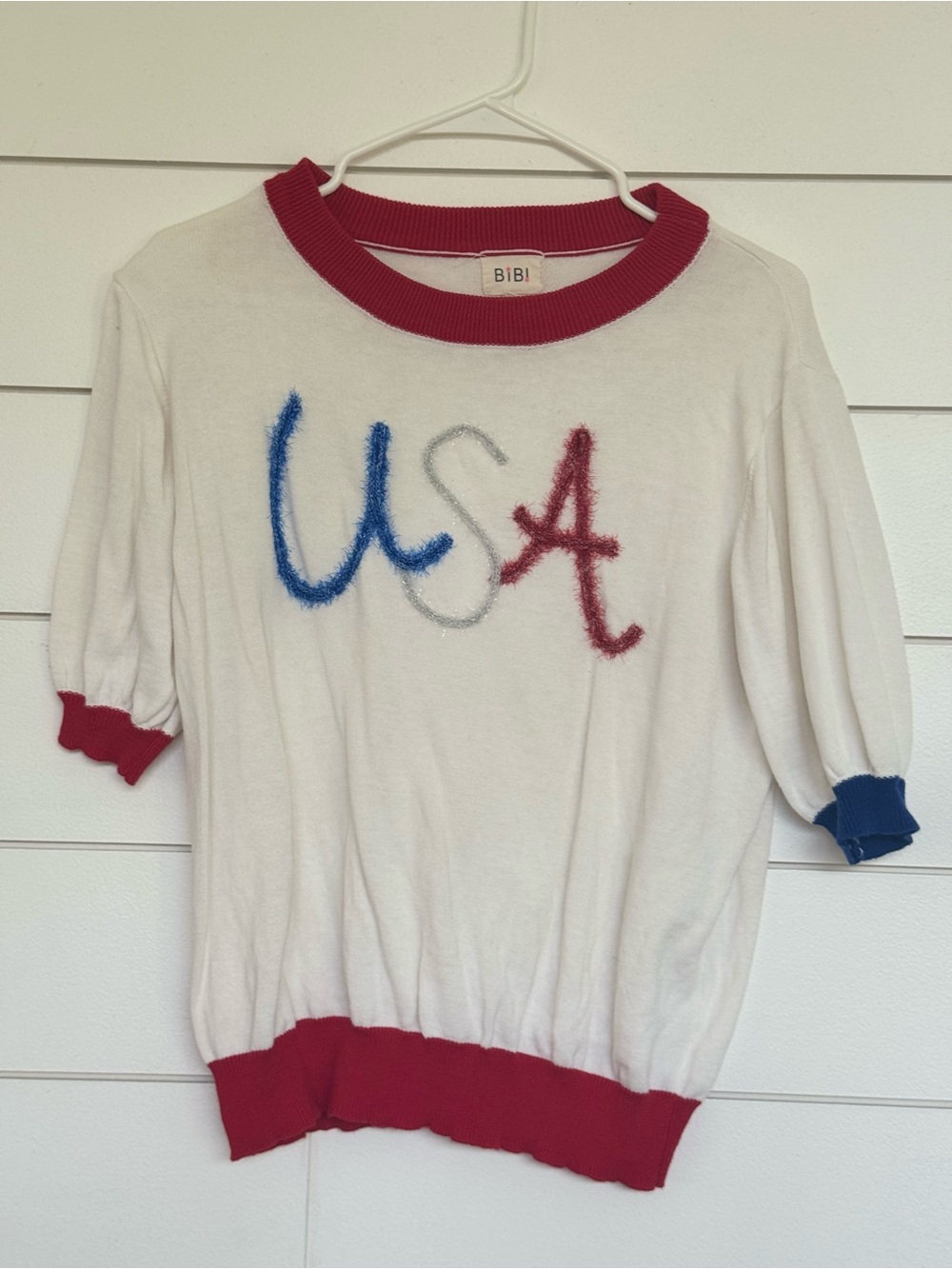 BiBi White Knit Top with Red & Blue 'USA' Fuzzy Lettering